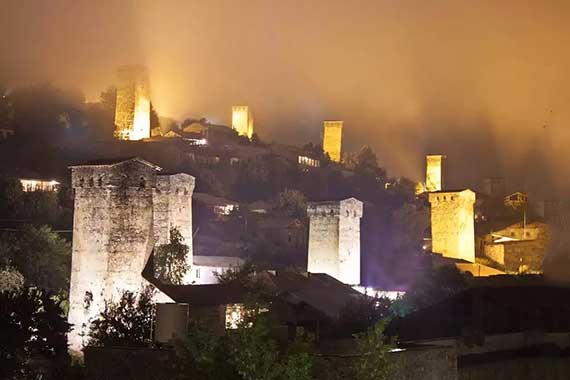 Mestia and its mysterious Svan towers by night